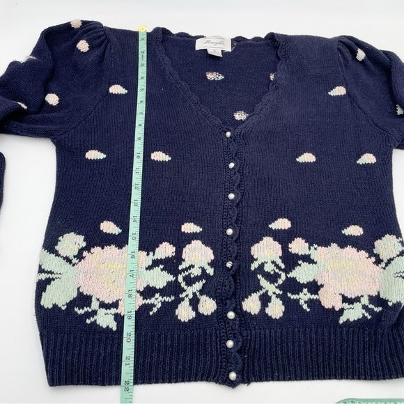 Vintage Margules Knit Cardigan Sweater Floral Embroidered Navy Blue Size Medium - Picture 8 of 8